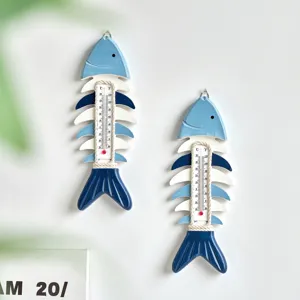 Decorazione murale termometro scheletro di pesce in legno stile mediterraneo blu