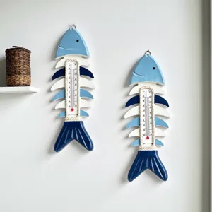 Termometro da parete in legno a forma di lisca di pesce blu e bianco decorazione