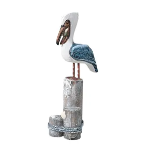 Handmade Wooden Pelican Figurine Mediterranean Style Stump Bird Desktop Decor Craft