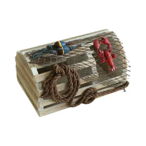 Decoración de mini trampa para langosta en madera estilo mediterráneo con red y cangrejo.