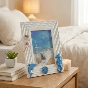 Marco de fotos náutico mediterráneo de 7 pulgadas con decoración de caballito y estrella.