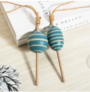 Mediterranean solid wood fishing net float wall hanging decor, blue striped design.