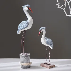 Mediterranean wooden bird sculpture set, rustic tree stump tabletop ornament for home decor.