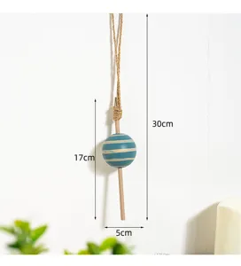 Mediterranean wooden float hanging ornament with blue stripes and rope decor for wall