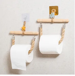 Mediterranean style handmade woven wooden toilet paper holder, wall mounted roll rack.