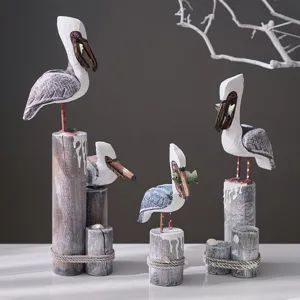 Wooden pelican bird sculpture Mediterranean style home decor wooden craft ornament desktop decor
