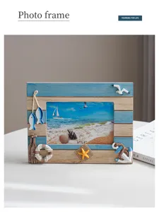Mediterranean style wooden photo frame, tabletop display with nautical oceanic decoration.