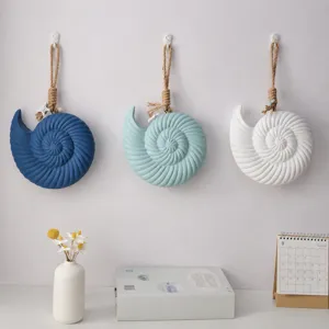 Mediterranean Style Wooden Conch Seahorse Wall Hanging Decor Nautical Ocean Theme Blue White Wall Ornament For Home