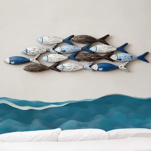 Mediterrane 3D Holz Fischschwarm Wandbehang Dekoration Handgemachte Antike Küsten Wandkunst Für Zuhause Wohnzimmer
