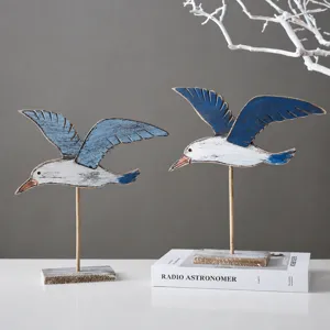 Mediterranean Style Retro Wooden Sea Bird Ornament Seagull Desktop Tabletop Decor Home Living Room Art Figurine Craft Gift
