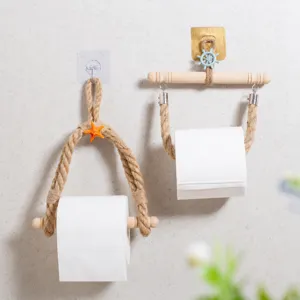 Mediterranean Style Handmade Woven Wooden Roll Paper Holder Wall Mounted Tissue Rack