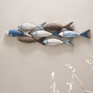 Mediterrane Holz Fisch Wandbehang, kreative 3D Fischschwarm Dekoration für Zuhause und Restaurant.