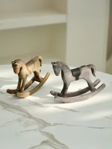 Detailed view of Nordic retro wooden rocking horse ornaments for living room and desktop decor.