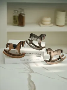 Vintage wooden rocking horse ornament set for home desktop decoration and retro display.