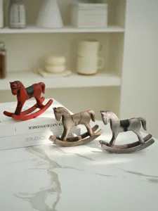 Wooden rocking horse figurine tabletop ornament retro home decor set of three pieces.