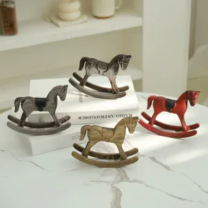 Wooden rocking horse figurine vintage desktop decoration Nordic retro home decor craft ornament