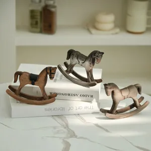 Wooden rocking horse ornament retro desktop decor Nordic style wooden craft set for home office.