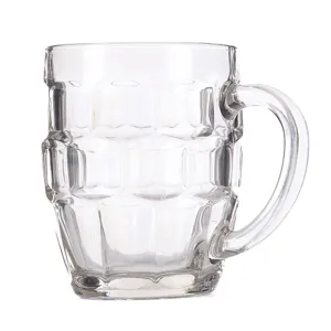 Clear glass beer mug with handle, large capacity faceted design for home kitchen and pub use.