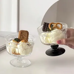 Retro embossed high foot glass cup for ice cream, dessert, and refreshing summer treats.