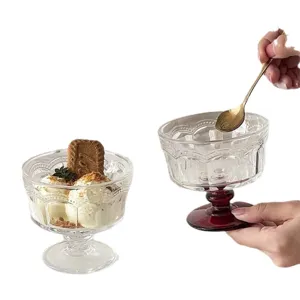 Vintage embossed high-stem glass ice cream dessert bowl for home party and daily use.