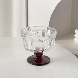 Vintage embossed footed ice cream glass cup for summer dessert, stylish clear glass bowl