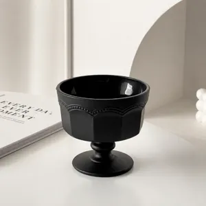 Vintage black embossed high foot ice cream cup dessert glass cup for home kitchen