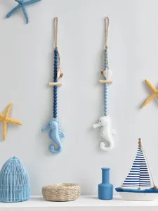 Wooden ocean style seahorse hanging decor Mediterranean beads wall pendant for home