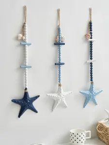 Mediterranean wooden starfish wall hanging decor, blue white bead tassel ornament for home.