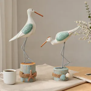 Mediterranean Wooden Seagull Bird Figurine Set Coastal Tabletop Ornament Home Decor Living Room Desktop Craft Gift