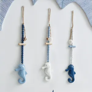 Mediterranean Wooden Seahorse Hanging Ornament Marine Style Wall Decor With Beads Shells For Home Room Decoration
