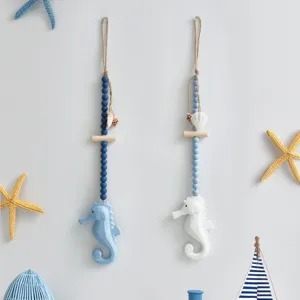 Wooden seahorse hanging ornament Mediterranean style wall decor with beads for home.