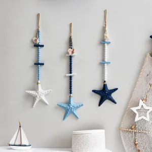 Mediterranean Style Wooden Starfish Wall Hanging Decor Blue And White Beaded Shell Ornament For Home Restaurant