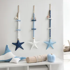 Mediterranean style wooden starfish wall hanging decor, blue and white bead ornaments for home.