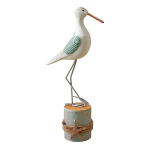 Coastal wooden seagull figurine ornament with tree stump base and starfish decor for home decor