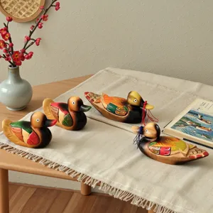 Handcrafted wooden mandarin duck figurines set, vintage colorful home decor table ornaments.