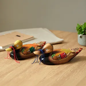 Handcrafted wooden mandarin duck ornaments, colorful vintage desktop decor for bedroom.