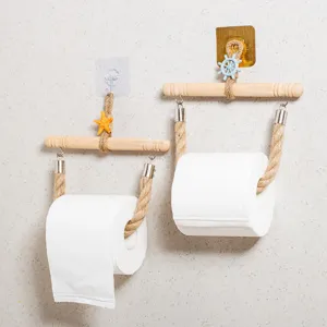 Mediterranean wooden toilet paper holder, hand-woven hemp rope wall mount roll tissue rack.