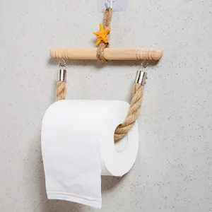Mediterranean handmade hemp rope toilet paper holder, wooden wall-mounted tissue rack for bathroom.