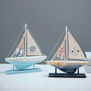 Mediterraan houten zeilboot model desktop ornament set, blauw en wit nautisch huisdecor.