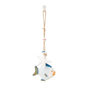 Mediterranean wooden starfish and fish hanging decoration, marine style wall or curtain pendant.