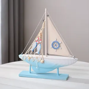 Mediterrane houten zeilboot model tafeldecoratie nautisch decor voor thuis kantoor cadeau