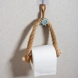 Mediterranean handmade hemp rope toilet paper holder, rustic bathroom tissue rack storage.
