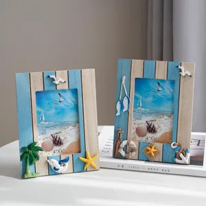 Mediterranean style wooden photo frame 6 inch desktop decoration set with ocean nautical motifs.