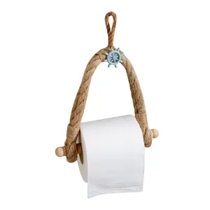 Mediterranean style handmade hemp rope toilet paper holder with wooden accents for bathroom decor.