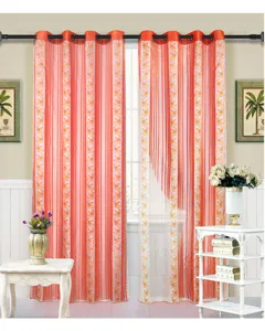 Punch-free telescopic curtain rod and striped floral curtain set for home decor detail view.
