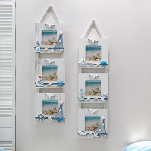 Mediterranean style wooden triple hanging photo frames coastal home wall decor aesthetic set