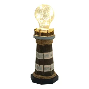 Mediterrane houten vuurtoren decoratieve lamp vintage tafel ornament met gloeiende lamp