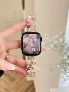 Resin Blumen Uhrenarmband Ersatz für Apple Watch, stilvolles rosa grünes Blütendesign.