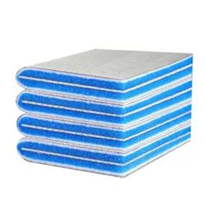 Detailed view of multilayer aquarium filter pad, blue and white biochemical sponge media.