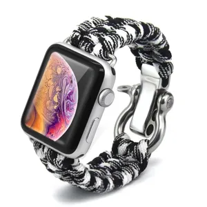 Μαύρο λευκό λουράκι ρολογιού από paracord για Apple Watch, ανθεκτικό πλεμένο αθλητικό λουράκι.